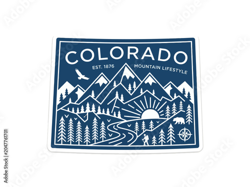 Colorado mountain lifestyle graphic sticker: rugged peaks, forests, river, wildlife, and hikers enjoying the wilderness.