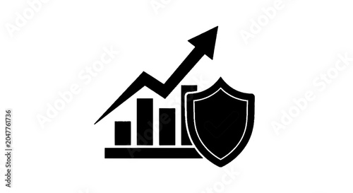 Minimal black silhouette icon, simple flat vector, bold black shape, no, no shading bar chart with rising arrow and shield icon with check mark on a, flat icon style
