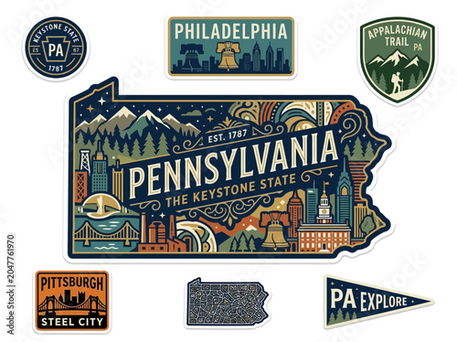 Illustrated collection of Pennsylvania travel stickers featuring iconic state landmarks, diverse cities, and natural beauty for exploration