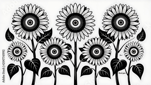 Black and White Sunflower Illustration with Mystic Eye Centers – Floral Vector Art