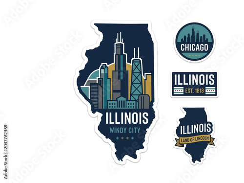 Illustrative collection of Illinois state map and Chicago city skyline badges, ideal for travel mementos and regional identity designs.