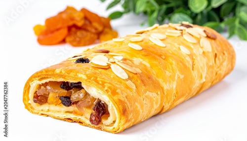 Golden raisin pastry roll with almonds and sugar