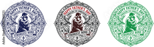 Canvastavla Happy Father's Day Vintage Emblem Vector with Loving Father and Child Hug
