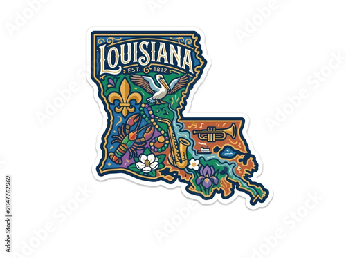 Artistic illustration of Louisiana state map, showcasing vibrant cultural symbols, diverse wildlife, and musical heritage in a charming travel sticker design.
