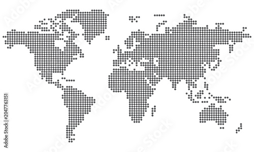 World map illustration made of small gray dots on white background showing global geography in a unique visual style effectively