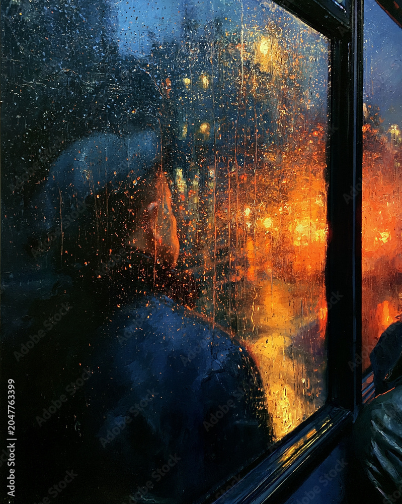 Fototapeta premium Rainy Night Cityscape: Moody Urban Reflections and Blurred City Lights in an Atmospheric & Cozy Urban Landscape