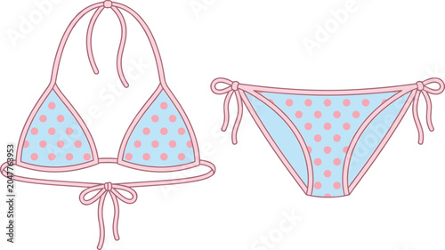 Принти на полотні "Light blue bikini vector illustration with pink polka dots, stylish swimwear de