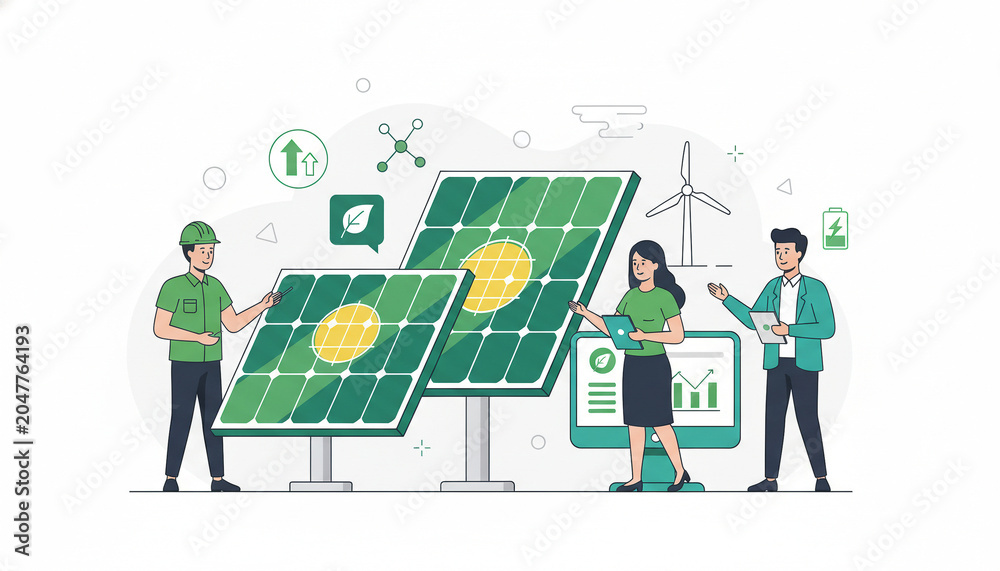 Naklejka premium Renewable Solar Energy Engineering Flat Vector Illustration - Sustainable Green Tech Team and Wind Turbine Concept