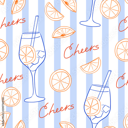 Seamless pattern with hand drawn cocktails and orange slices on striped background. Hand drawn linear vector wallpaper with word cheers