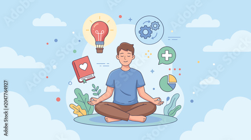 Young man meditating in lotus position finding work life balance mental health wellness and fresh ideas illustration