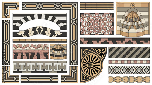 Syrian Mamluk Ablaq Alternating Stone Marble Inlay Border Frame Vector Set with Voussoir Arch Joggled Keystone Striped Wall Muqarnas Geometric Star and Architectural Design