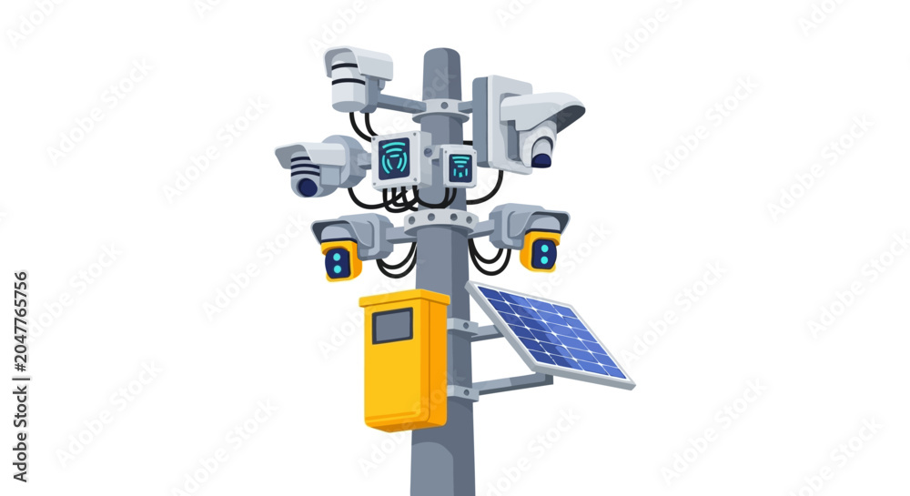 Fototapeta premium Smart City Surveillance System Illustration with Multiple Security Cameras, Solar Panel, Wi-Fi Routers, and Control Box on Isolated White Background
