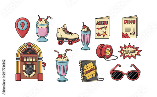 Retro 1950s diner icons: jukebox, milkshakes, roller skates, and sunglasses