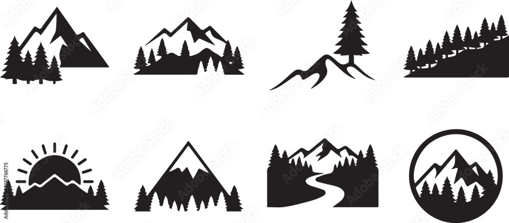 Fototapeta premium Mountain and forest silhouettes for adventure and nature concepts with a clean graphic style