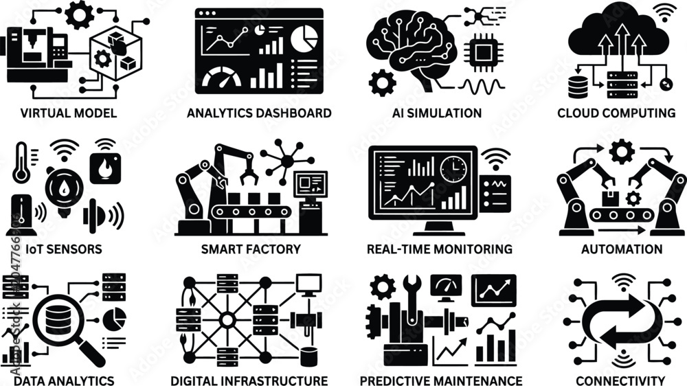 Obraz premium Technology and Industry Icons Set: AI, Cloud, Automation, Data