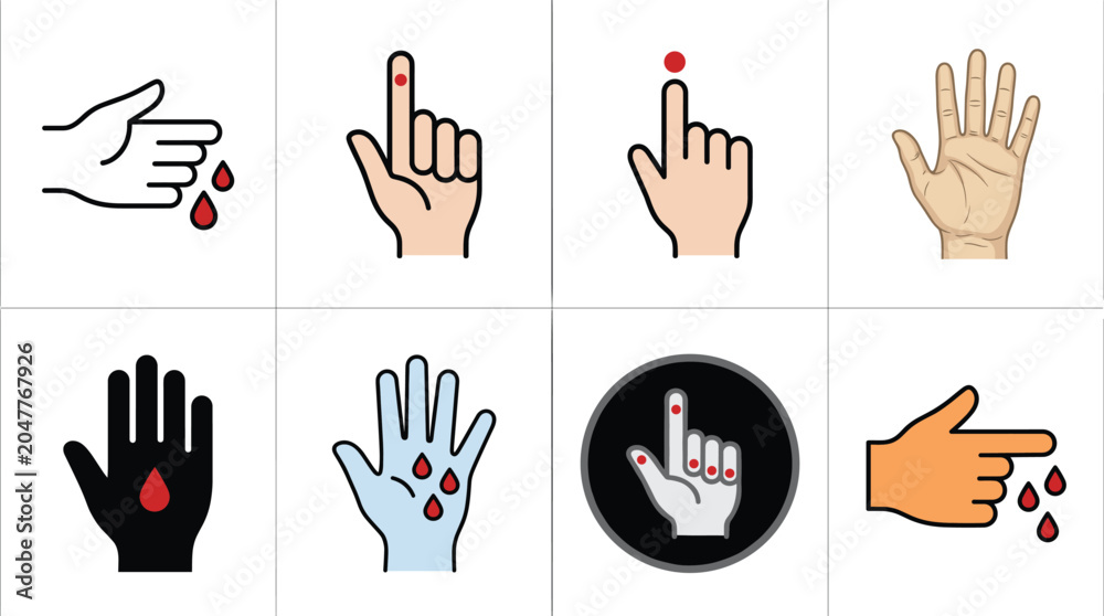 Fototapeta premium Finger prick blood testing icon collection for diabetes monitoring, healthcare diagnostics, medical screening, and laboratory procedures