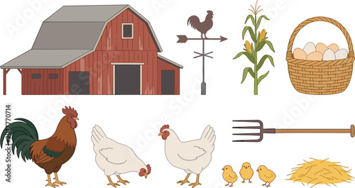 Tableau sur toile Farm Poultry and Agriculture Illustration Set with Barn, Rooster, Hens, Chicks,
