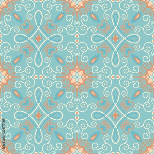 Turquoise orange chalky doodle geometric classic tile pattern  background illustration