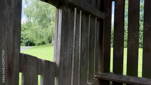 a view over a green forest from an old wooden hut