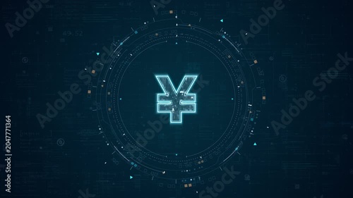Motion graphic of yen currency symbol with fintech HUD interface, glowing digital currency, rotating data rings, and futuristic background for finance promotion.