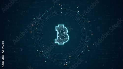 Motion graphic of cryptocurrency symbol with fintech HUD interface, glowing digital currency, rotating data rings, and futuristic background for finance promotion.