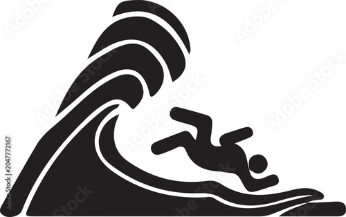 Canvas Print Black silhouette icon of a person surfing on a big wave
