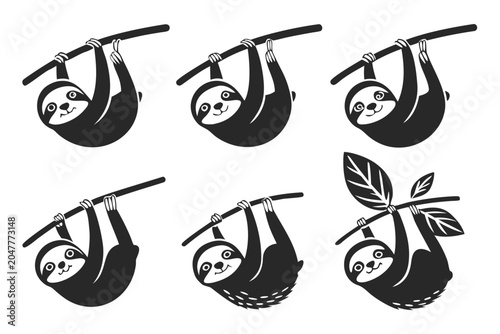 Bilde på lerret Six black and white sloth icons holding leaves