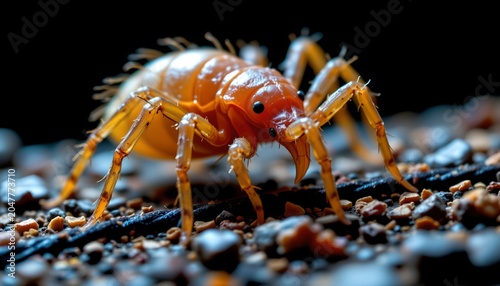 The image features a close up view of a small, detailed crustacean like creature with an orange, segmented body and multiple legs, set against a dark background