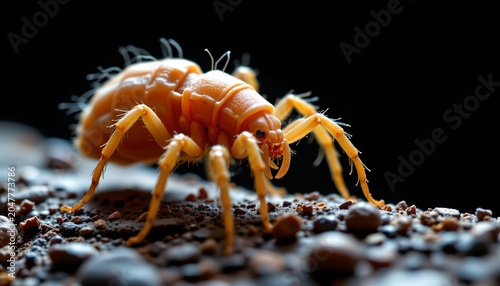 The image features a close up of a yellowish, segmented arthropod with numerous legs, positioned on a textured surface scattered with small rocks or pebbles