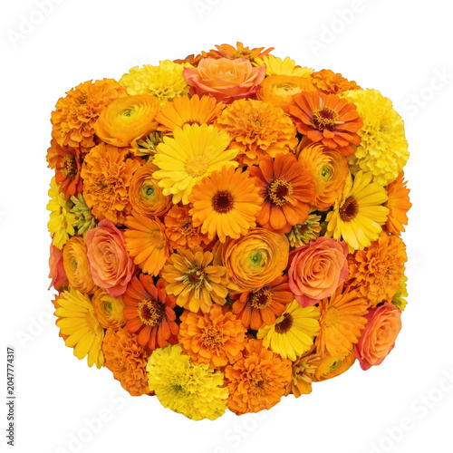Vibrant bouquet of orange and yellow flowers isolated on transparent background
