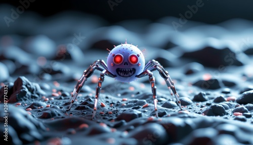 The image features a menacing, cartoonish creature with a round, spiked body and glowing red eyes, standing on a rocky, uneven terrain