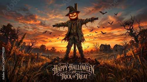 Spooky halloween scarecrow at sunset