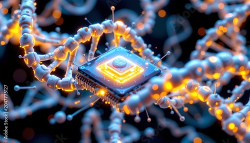 The image depicts a close up view of a microchip surrounded by a complex network of glowing, interconnected DNA like strands