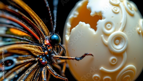 The image features a close up view of a butterfly with intricate wing patterns, showcasing vibrant, multicolored scales and detailed textures