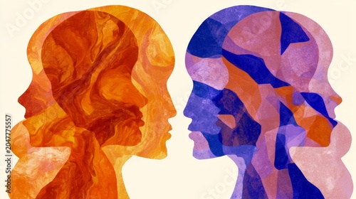 Two human silhouettes face each other, one warm orange, one cool purple. Their profiles suggest calm communication or emotional contrast. Colors imply opposing moods or perspectives