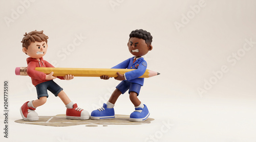 Two angry boys fighting over a pencil 3D render, Back to School