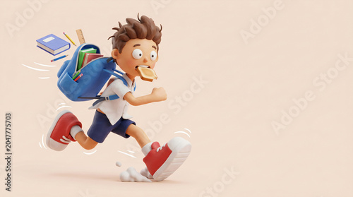 Boy running late for school with toast in mouth, back to school
