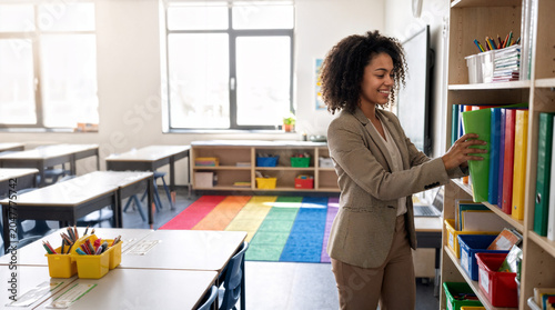 Teacher Organizing Classroom Materials Before School Day