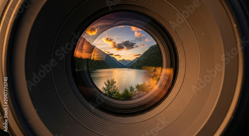 Mountain fjord lake with sunset sky reflected in camera lens