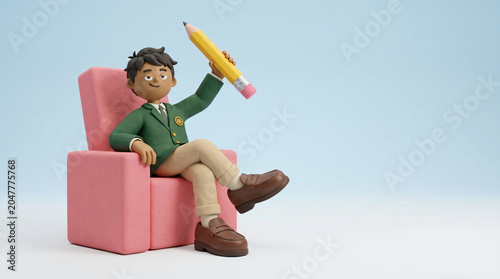 D Cartoon Boy Sitting on Chair Holding Pencil, Back to School