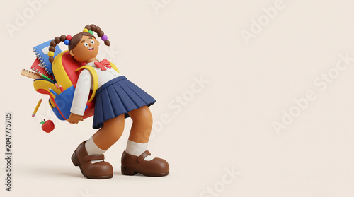 Schoolgirl with Heavy Backpack 3D Illustration, Back to School