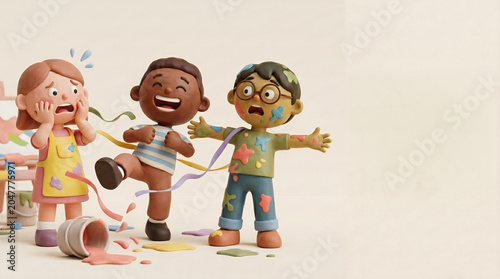 Three Kids Playing with Paint and Ribbons, Back to School