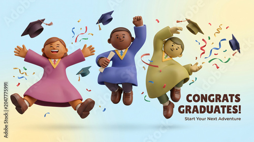 Graduation Celebration with Diverse Students Jumping in Academic Dress, Back to School