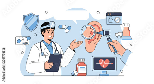 Physician performing an ear checkup using specialized medical instruments with icons for medicine and heart rate tracking.