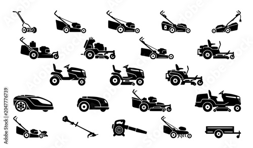 Fotografie Lawn Mower Vector Icon Set Black Silhouette Collection for Landscaping