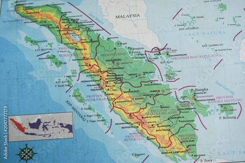 Photography close up of map of Sumatra, Indonesia