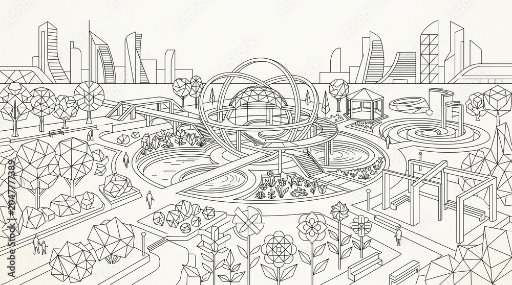 Obraz premium Futuristic cityscape, urban planning illustration, black and white line art, city skyline, modern architecture