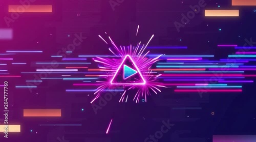 Vibrant Neon Triangular Play Button Surrounded by Colorful Sparks and Glowing Lines on a Dark Background for Modern Digital Content