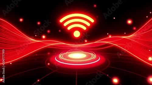 Abstract glowing red wireless signal icon with dynamic wave patterns and futuristic digital elements on a dark background