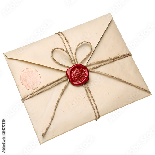 Vintage paper envelope with red wax seal and twine string